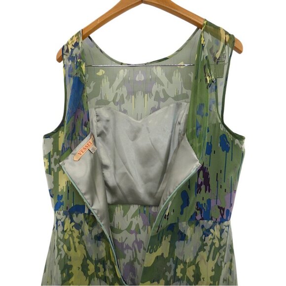 Vessel by Timo  Flowy 100% Silk Green Abstract Print Lace Inset Dress Size 12 - Picture 5 of 12